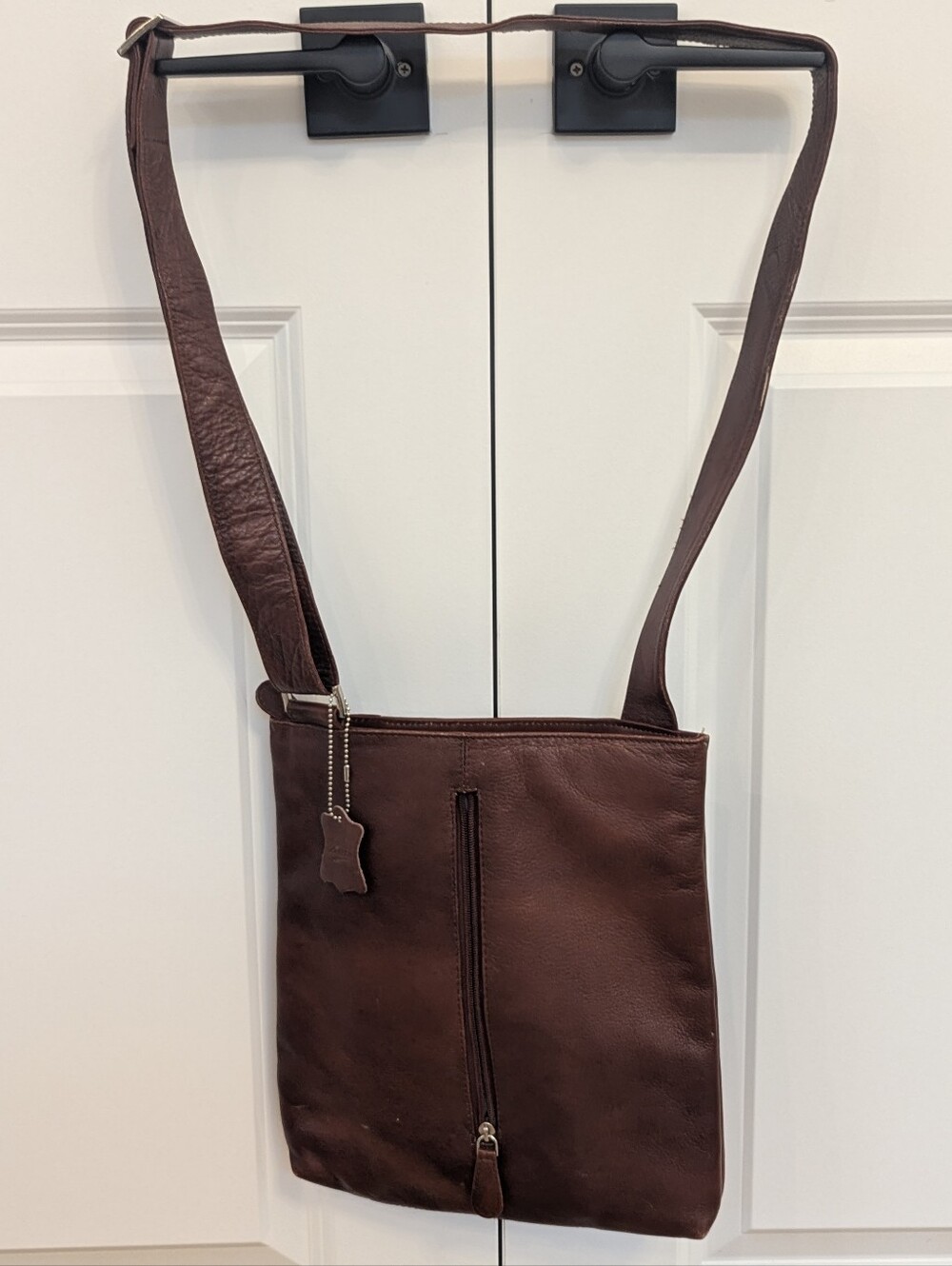 Genuine Brown Leather Crossbody Flat Sling Bag Organizer Zip Pockets